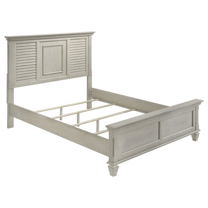 CoasterEssence Franco 5-piece Queen bedroom set in distressed white finish, includes bed, dresser, mirror, and side tables.