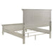 CoasterEssence Franco 5-piece Queen bedroom set with distressed white finish, includes bed frame, dresser, mirror, and nightstands.