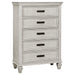 CoasterEssence Franco 5-piece Queen bedroom set in distressed white with a bed frame, nightstands, and dresser, showcasing elegant furniture design.