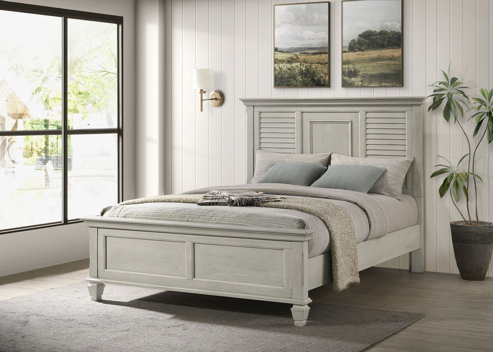 Distressed white Franco Wood Queen Panel Bed from CoasterEssence, showcasing elegant wooden design and classic bedroom furniture style.