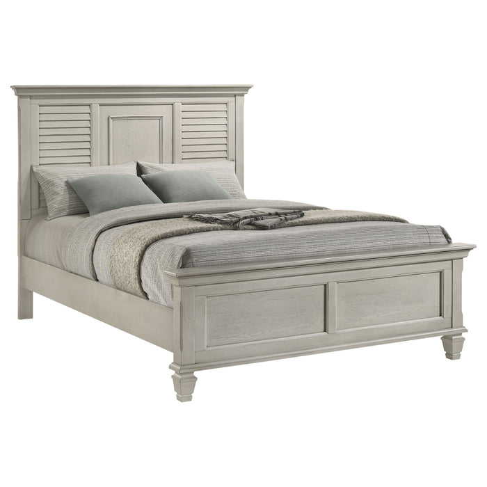 Distressed white Franco Wood Queen Panel Bed by CoasterEssence featuring a classic wooden frame and elegant panel design.