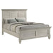 Distressed white Franco Wood Queen Panel Bed by CoasterEssence, showcasing a sturdy wooden frame with a classic headboard design.