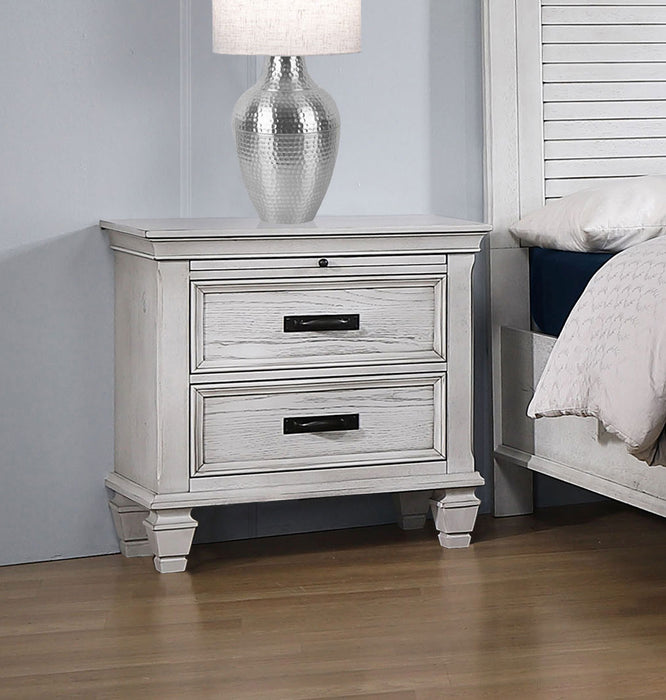CoasterEssence Franco 2-drawer distressed white nightstand with rustic wood finish and black metal handles, showcasing a classic furniture piece.