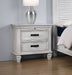 CoasterEssence Franco 2-drawer distressed white nightstand with rustic wood finish and black metal handles, showcasing a classic furniture piece.