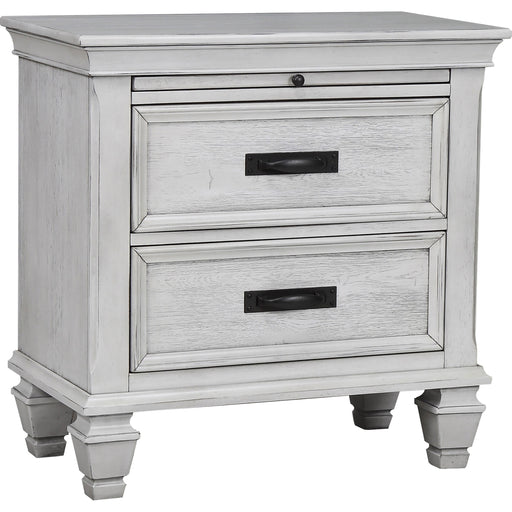 CoasterEssence Franco 2-drawer distressed white nightstand with metal handles and rustic finish, featuring a sturdy wooden frame and storage drawers.