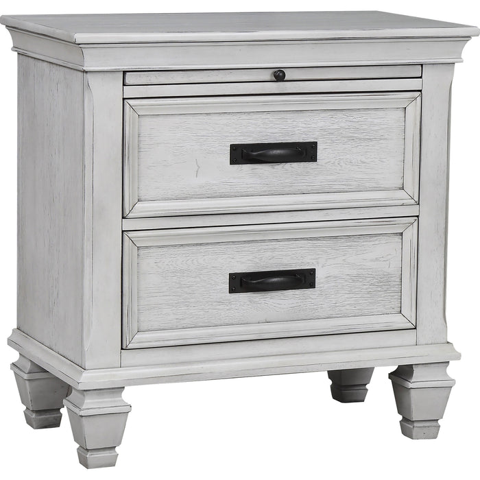 CoasterEssence Franco 2-drawer distressed white nightstand with metal handles and rustic finish, featuring a sturdy wooden frame and storage drawers.