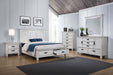 CoasterEssence Franco distressed white 2-drawer nightstand with rustic finish and sleek metal handles, made of sturdy furniture wood.