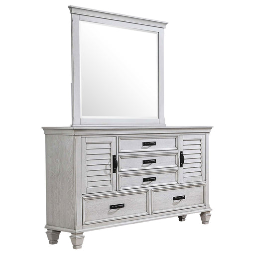 CoasterEssence Franco 5-drawer distressed white dresser with matching mirror, showcasing a rustic furniture style and classic design.