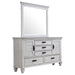 Franco 5-drawer distressed white dresser with matching mirror, CoasterEssence furniture showcasing a rustic bedroom storage set