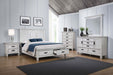 Distressed white Franco 5-drawer dresser with attached mirror, featuring sleek handles and classic furniture style.