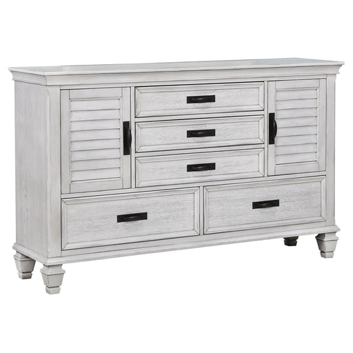 CoasterEssence Franco 5-drawer distressed white dresser with wood finish and decorative drawer handles, showcasing a stylish furniture piece.