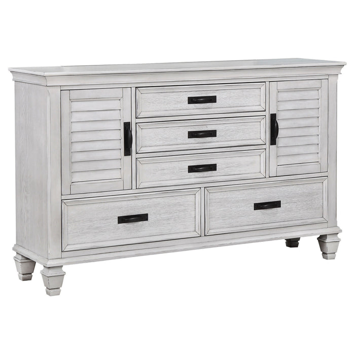 CoasterEssence Franco 5-drawer distressed white dresser with wood finish and decorative drawer handles, showcasing a stylish furniture piece.
