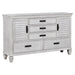 CoasterEssence Franco 5-drawer distressed white dresser with wood finish and decorative drawer handles, showcasing a stylish furniture piece.