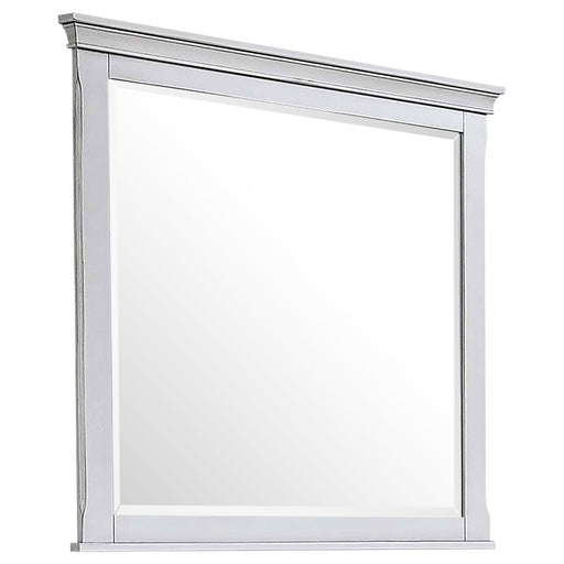 Distressed white Franco dresser mirror by CoasterEssence, showcasing a rectangular framed furniture mirror with a rustic finish.