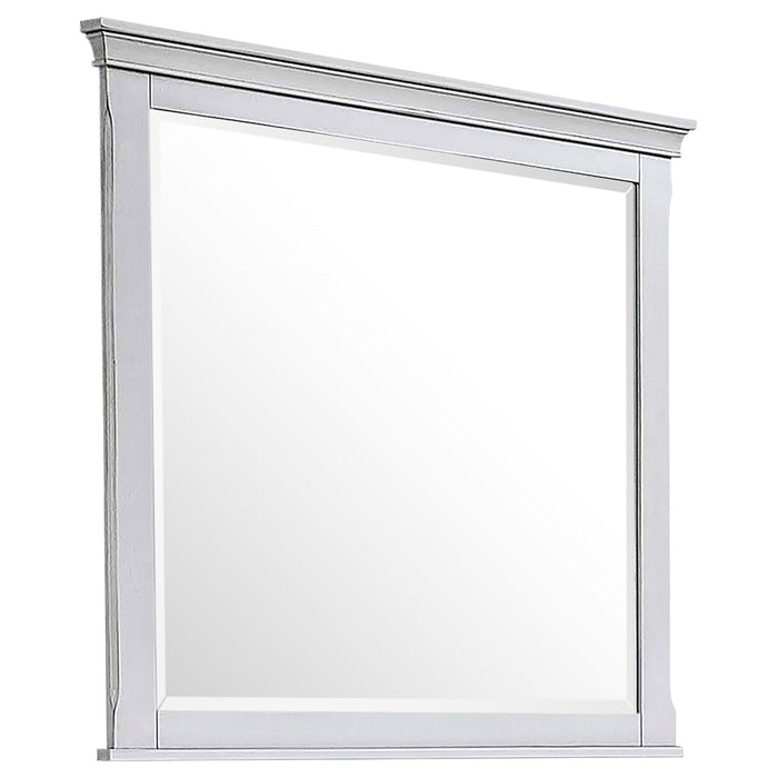Distressed white Franco dresser mirror by CoasterEssence, showcasing a rectangular framed furniture mirror with a rustic finish.