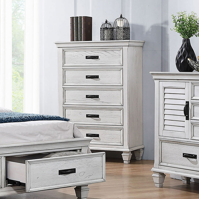 CoasterEssence Franco white 5-drawer bedroom chest with distressed finish showing wood texture and metal drawer handles.