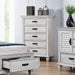 CoasterEssence Franco white 5-drawer bedroom chest with distressed finish showing wood texture and metal drawer handles.