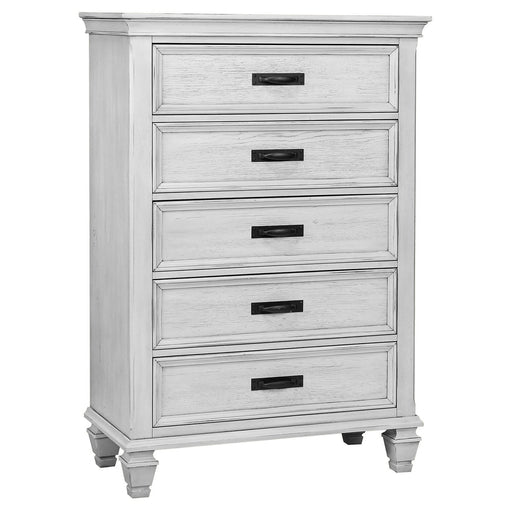 CoasterEssence Franco 5-drawer distressed white bedroom chest of furniture with rustic style and metal handles.