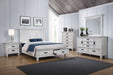 CoasterEssence distressed white Franco 5-drawer bedroom chest with vintage-style furniture, featuring antique hardware and multiple storage drawers.