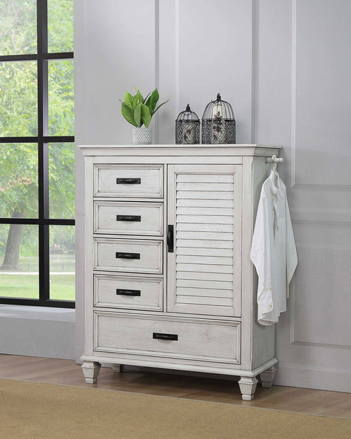 CoasterEssence Franco 5-drawer door chest in distressed white finish, showing the furniture's sleek design and sturdy construction.