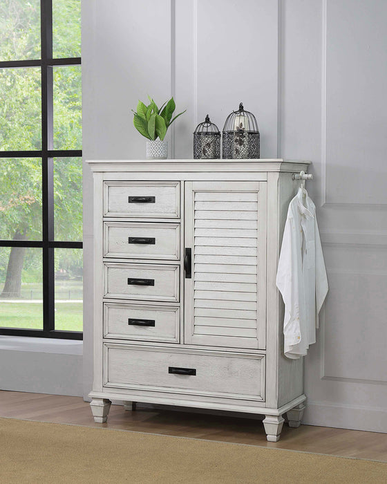 CoasterEssence Franco 5-drawer door chest in distressed white finish, showing the furniture's sleek design and sturdy construction.
