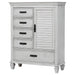 CoasterEssence Franco 5-drawer door chest in distressed white wood with metal handles and classic design, showing front view and drawers.