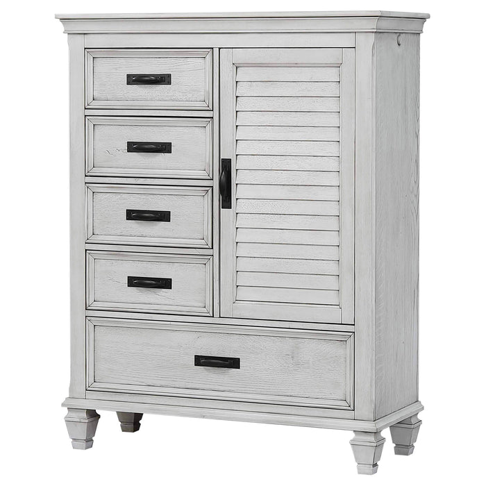 Distressed white Franco 5-drawer door chest from CoasterEssence, showcasing its vintage-style furniture with multiple drawers.