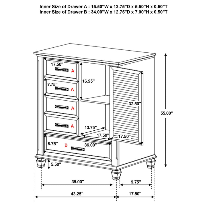 Franco 5-drawer door chest by CoasterEssence with distressed white finish, featuring five drawers and modern furniture design