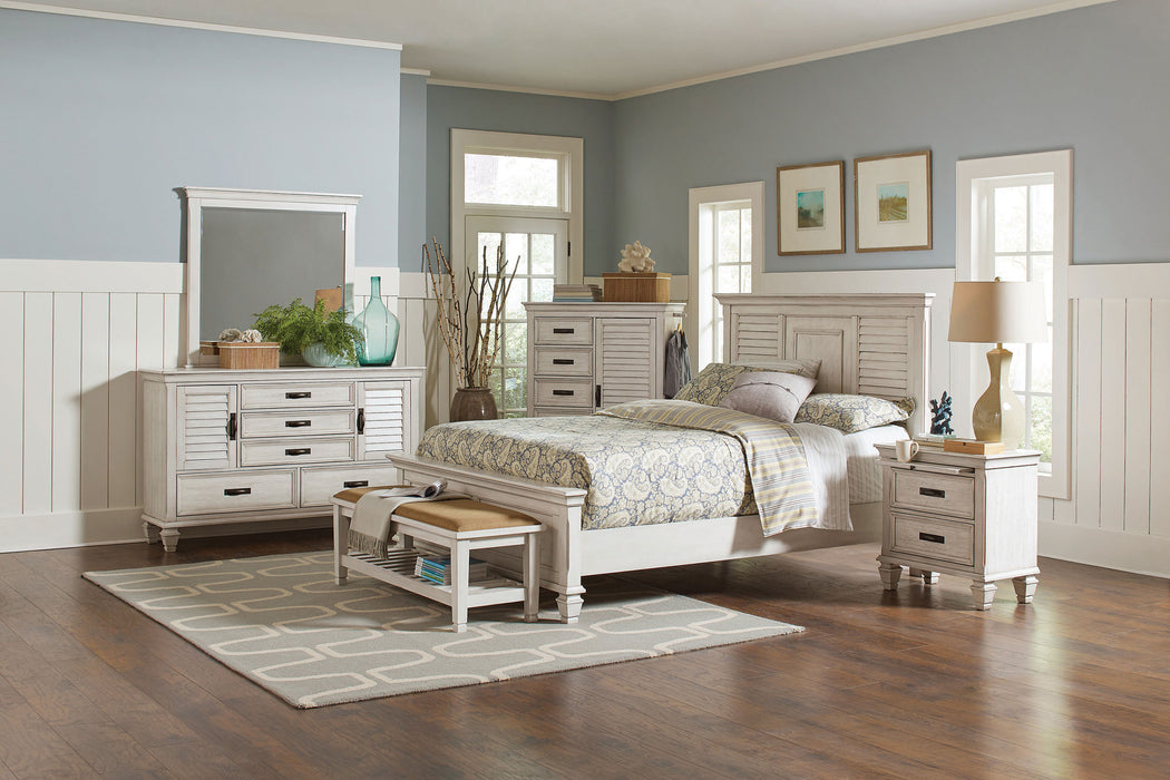 CoasterEssence Franco distressed white 5-drawer door chest featuring a sturdy wooden design and elegant metal handles.