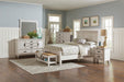 CoasterEssence Franco distressed white 5-drawer door chest featuring a sturdy wooden design and elegant metal handles.