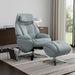 Baby blue tufted genuine leather swivel recliner with matching ottoman, featuring cushioned armrests and a sturdy base.