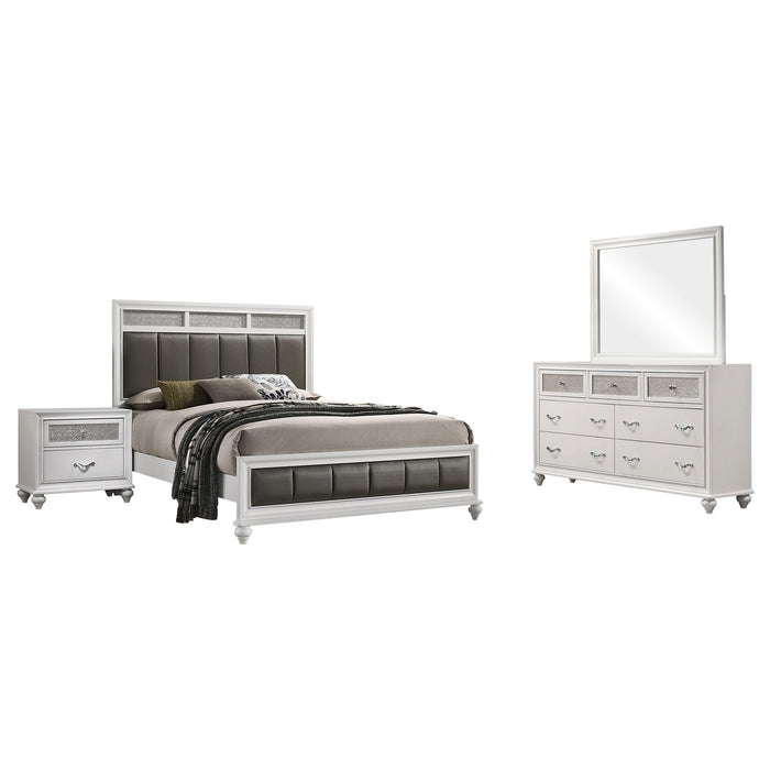 CoasterEveryday Barzini 4-piece Eastern King bedroom set with white furniture, including bed frame, nightstands, and dresser.