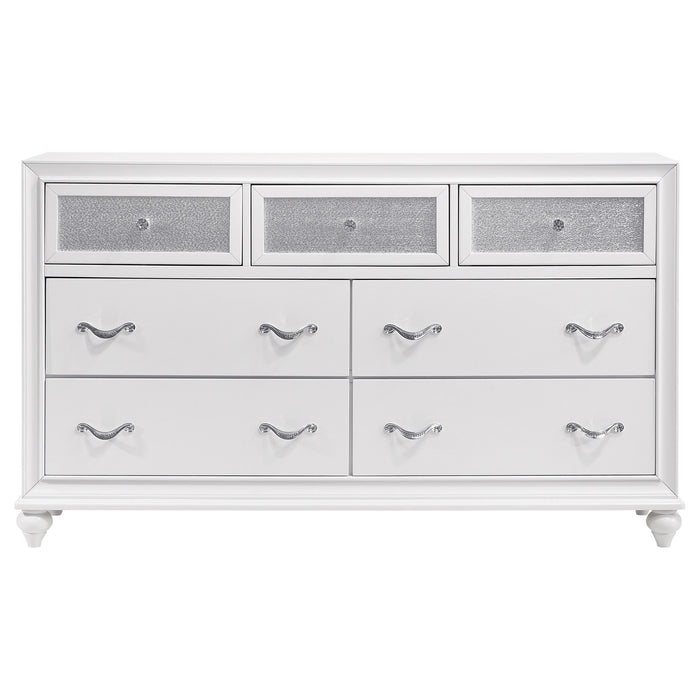 CoasterEveryday Barzini 4-piece Eastern King bedroom set in white, includes bed frame, headboard, and matching furniture pieces.
