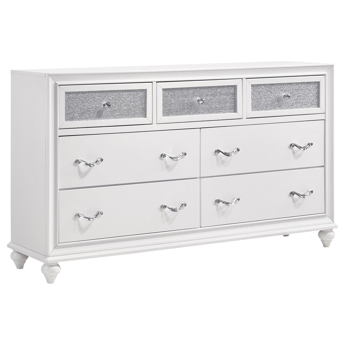 CoasterEveryday Barzini 5-piece Eastern King bedroom set in white, includes bed frame, nightstands, and storage pieces with modern style.