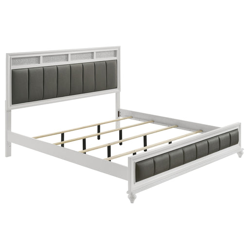 White Barzini Wood Eastern King Panel Bed by CoasterEveryday, showcasing a modern wooden bedroom furniture piece with paneled headboard.