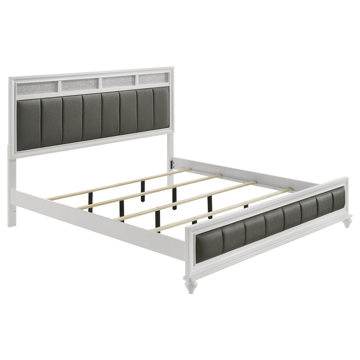 White Barzini Wood Eastern King Panel Bed by CoasterEveryday, showcasing a modern wooden bedroom furniture piece with paneled headboard.