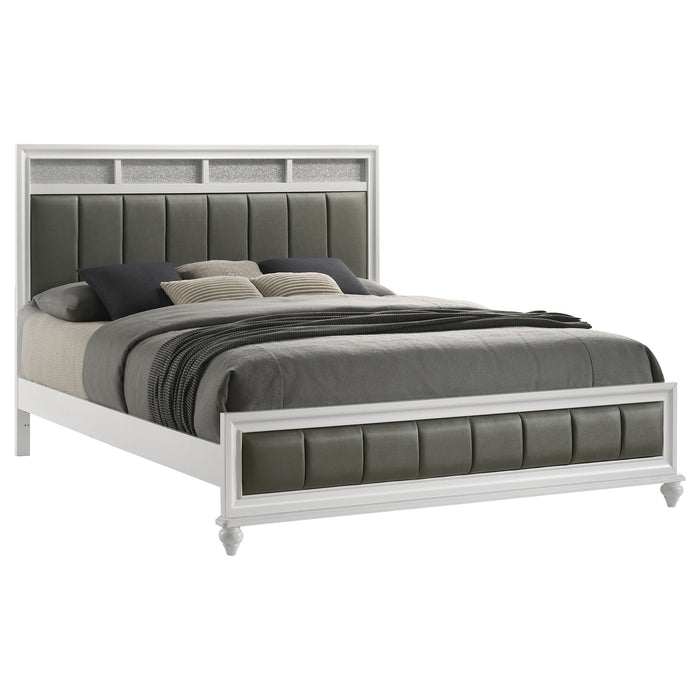 White Barzini Wood Eastern King Panel Bed by CoasterEveryday, featuring a classic design with a slatted headboard and sturdy wooden frame.