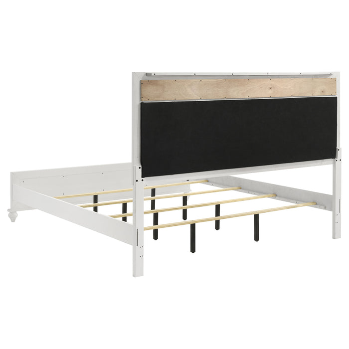 White Barzini Wood Eastern King Panel Bed by CoasterEveryday, showcasing a sleek wooden bed frame with a paneled headboard.