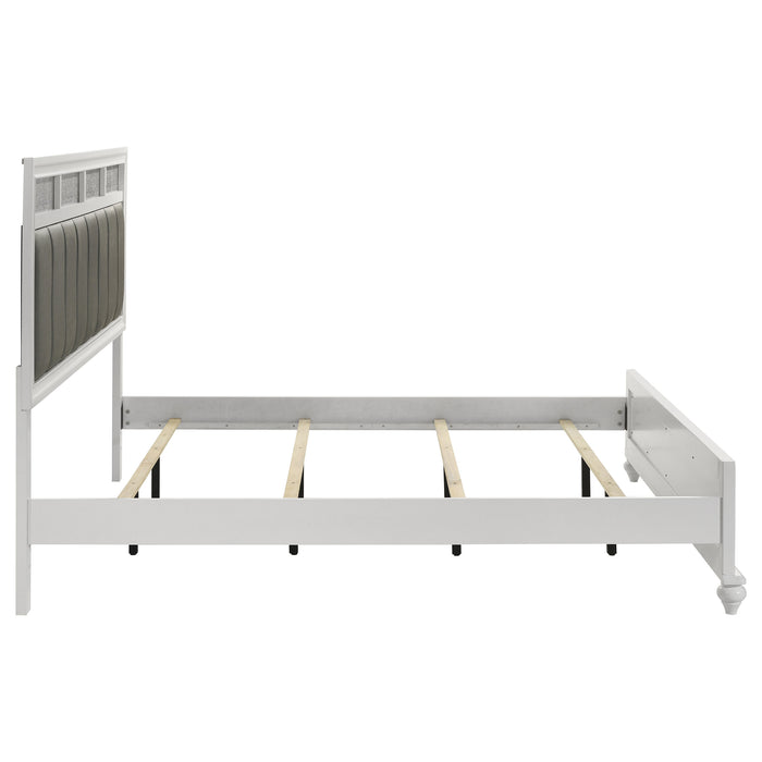 White Barzini Wood Eastern King Panel Bed by CoasterEveryday, showcasing a sturdy wooden frame with a classic panel headboard.