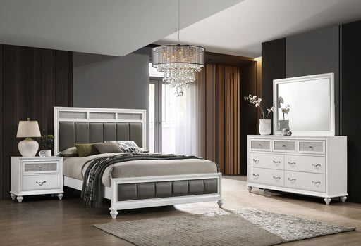 White CoasterEveryday Barzini 4-piece California King bedroom furniture set with a bed, nightstands, and dresser in a modern design.