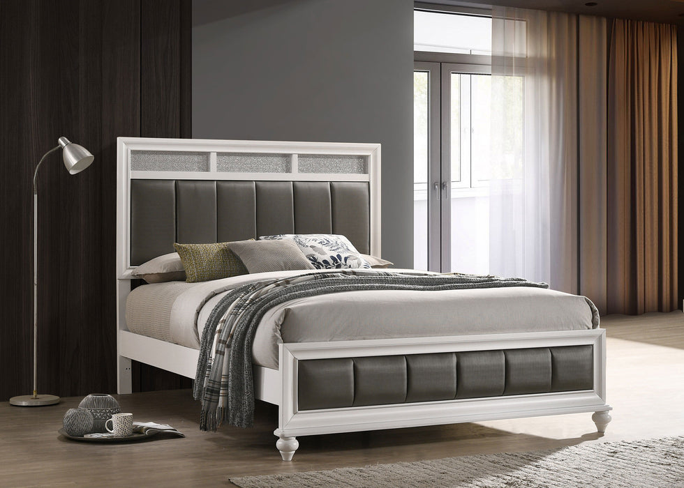 White Barzini Wood Queen Panel Bed by CoasterEveryday with a classic panel headboard and sturdy wooden frame.