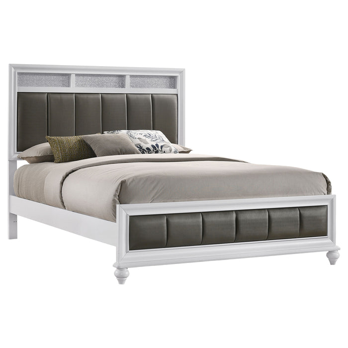 White Barzini Wood Queen Panel Bed by CoasterEveryday featuring a sleek wooden frame and classic panel design.