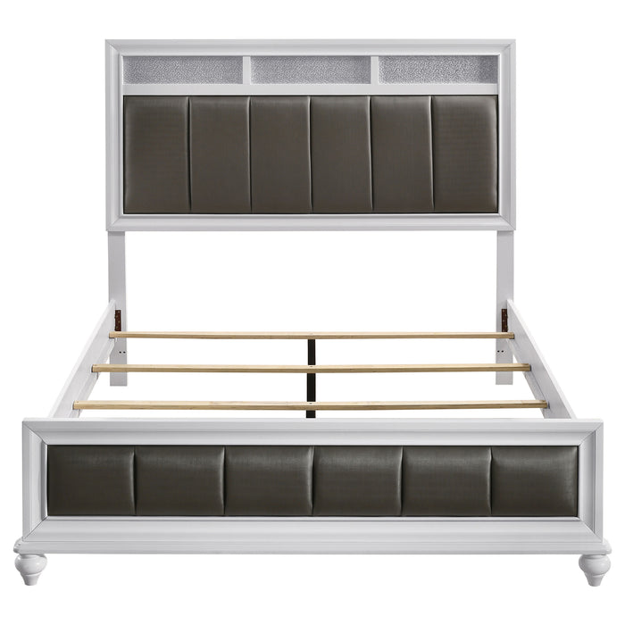 White Barzini Wood Queen Panel Bed from CoasterEveryday with a classic headboard and sleek design, shown in a cozy bedroom setting.