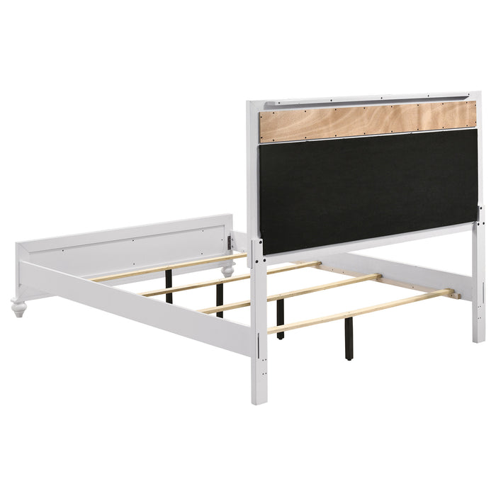 White Barzini Wood Queen Panel Bed by CoasterEveryday, showing the sleek wooden frame and panel headboard in a bedroom setting.