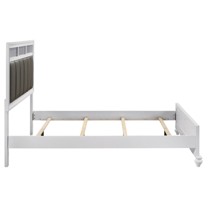White Barzini Wood Queen Panel Bed by CoasterEveryday with a classic slatted headboard and sturdy wooden frame.