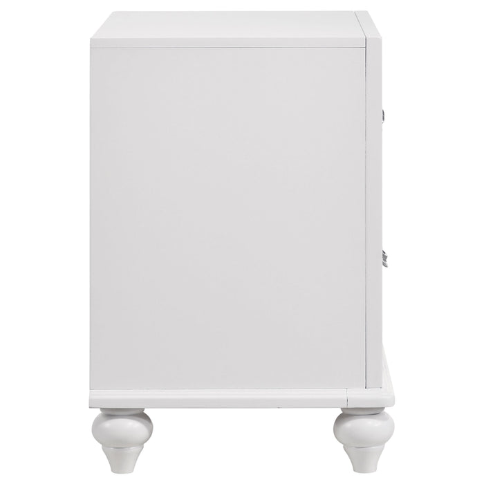 CoasterEveryday Barzini white 2-drawer nightstand with sleek design and modern hardware, featuring smooth surfaces and clean lines.