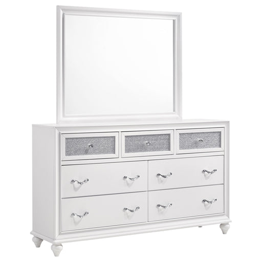 White Barzini 7-drawer dresser with attached mirror, modern furniture piece from CoasterEveryday