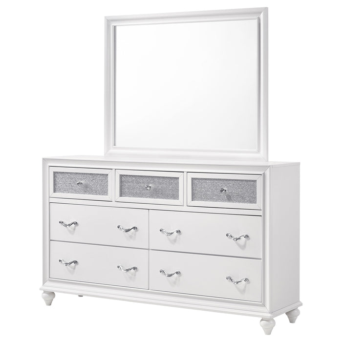 White Barzini 7-drawer dresser with attached mirror, modern furniture piece from CoasterEveryday showcasing sleek design and storage.