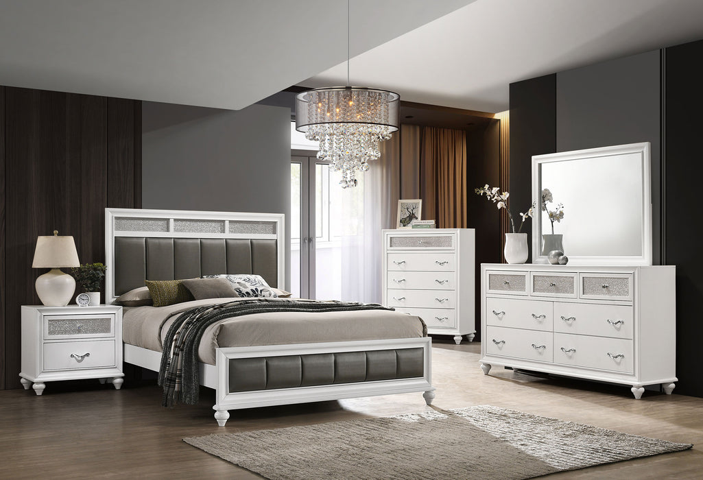 White Barzini 7-drawer dresser with mirror from CoasterEveryday, showcasing sleek furniture design and ample storage space.