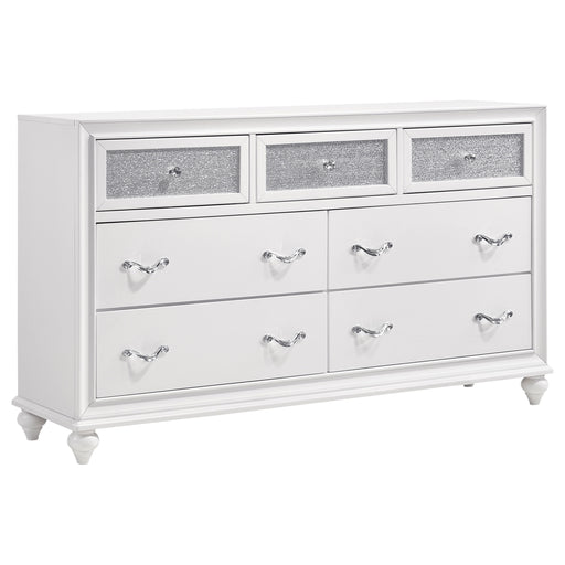 White Barzini 7-drawer dresser by CoasterEveryday with sleek metal handles and a modern furniture design.